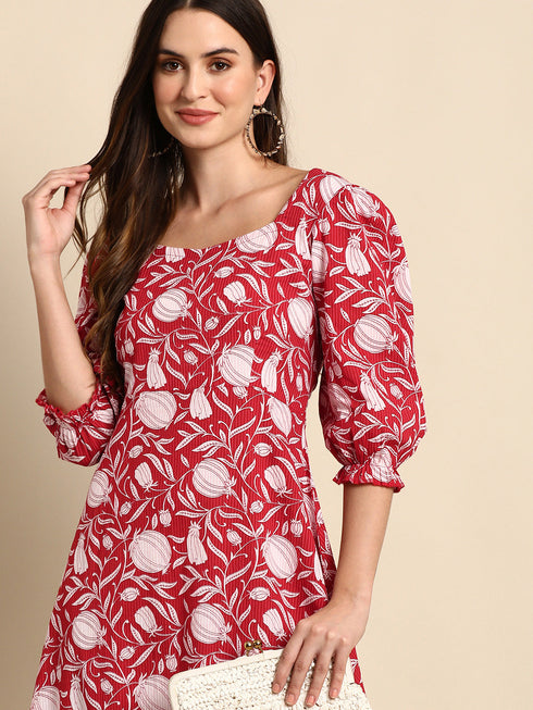 Red Cotton Floral A-line Western Dress